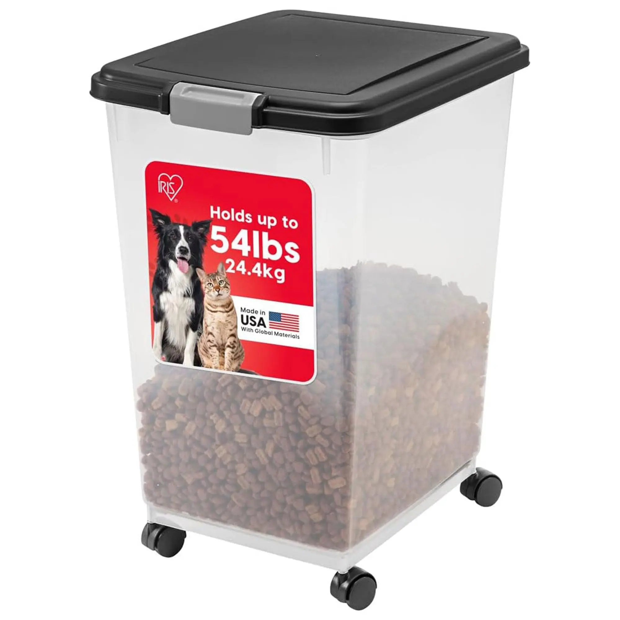 IRIS USA Pet Food Storage Container, Airtight Bin with Attachable Wheels, 54 lbs