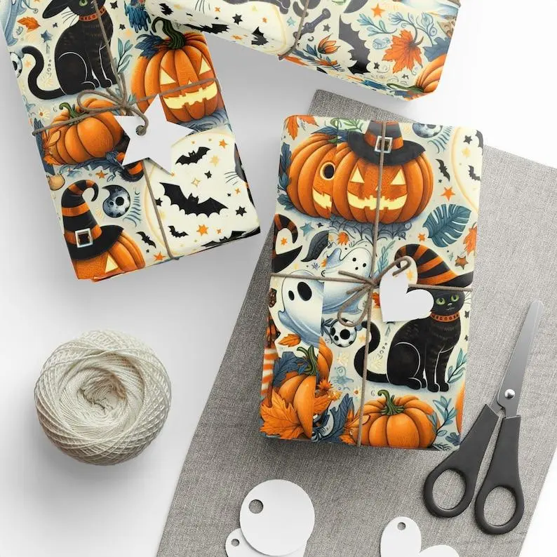 Halloween Wrapping Paper roll, Spooky Sorcerer Cat Halloween Gift Wrap, Back to school - Haunted & Magical Wrapping Paper