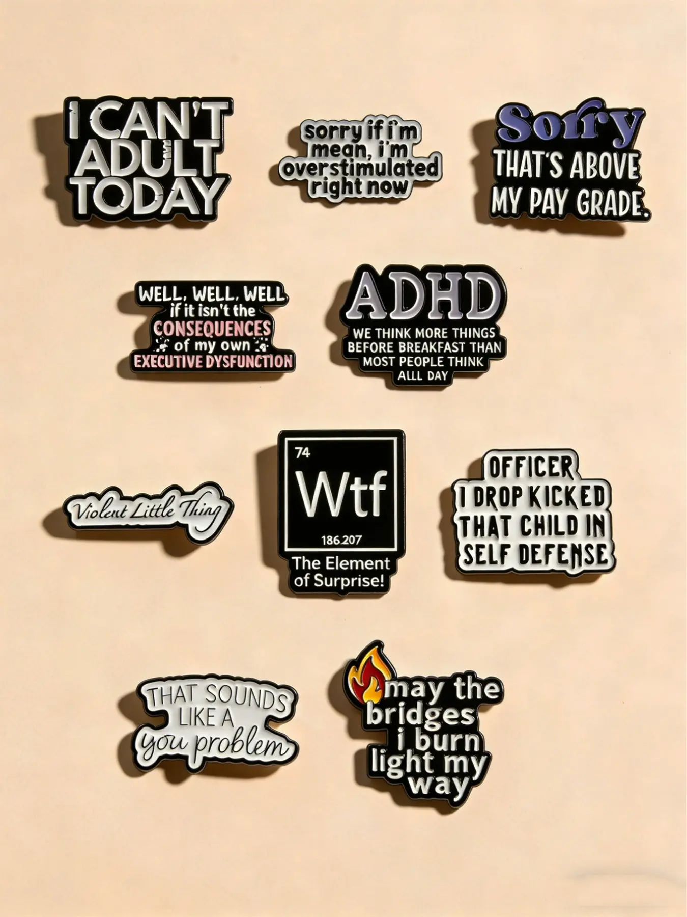 10Pcs Fun Slogan Enamel Brooches, Cute Letter Design Badges, Unisex Fashion Accessories, Durable Metal Pins, Diy Button Pins, Zinc Alloy Brooch, Lapel Brooch, Perfect Birthday Gift