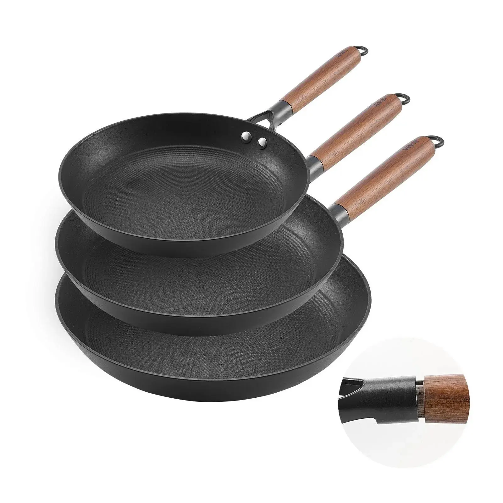 【Auction】VEVOR 3-Piece Cast Iron Cookware Set (8,10,12 in) - Nonstick Pre-Seasoned Everyday Non Stick Pans & Woks with Detachable Wood Handle, Ready to Use Out of Box, Compatible with Gas, Electric & Induction Stoves, Black, Removable Handle Pans & Woks
