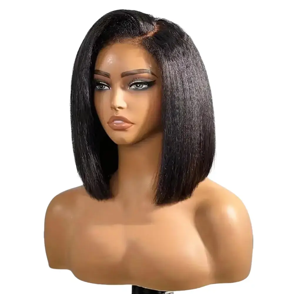 3×1 Lace Closure Human Hair Bob Wigs Yaki Straight Texture Natural Black Color 150% Density Short Bob Wigs With Baby Hair Kinky Straight Hair Wigs Human Hair Wigs PreCut Style
