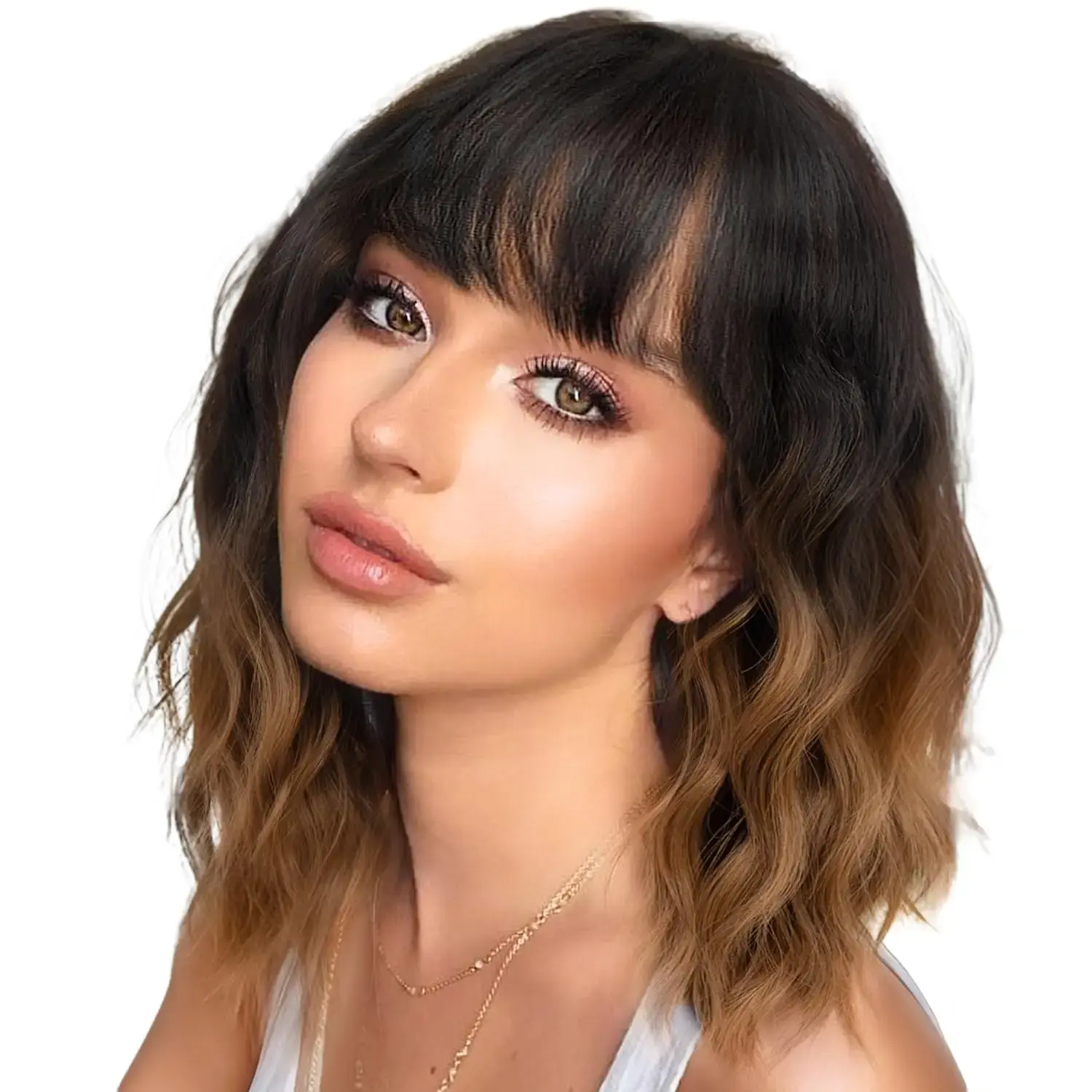HMD Women's Short Wavy Shoulder-Length Bob Cut Wig with Bangs, Synthetic Hair Heat-Resistant Black-to-Brown Full Machine-Made Wig for Female Daily & Party Wear