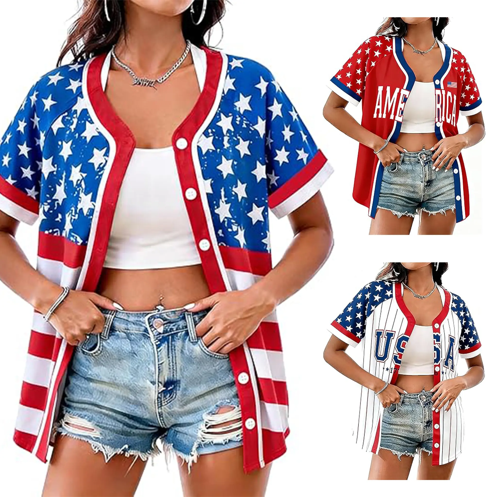 Women's USA Flag Stars and Stripes Pattern Baseball Jersey - Patriotic Clothing, Button Front V-Neck Short Sleeve, 4th of July Labor Day Everyday Casual Sports Top, S-5XL Plus Size Summer Outfit, Everyday Casual Wear, Pinhole Fabric