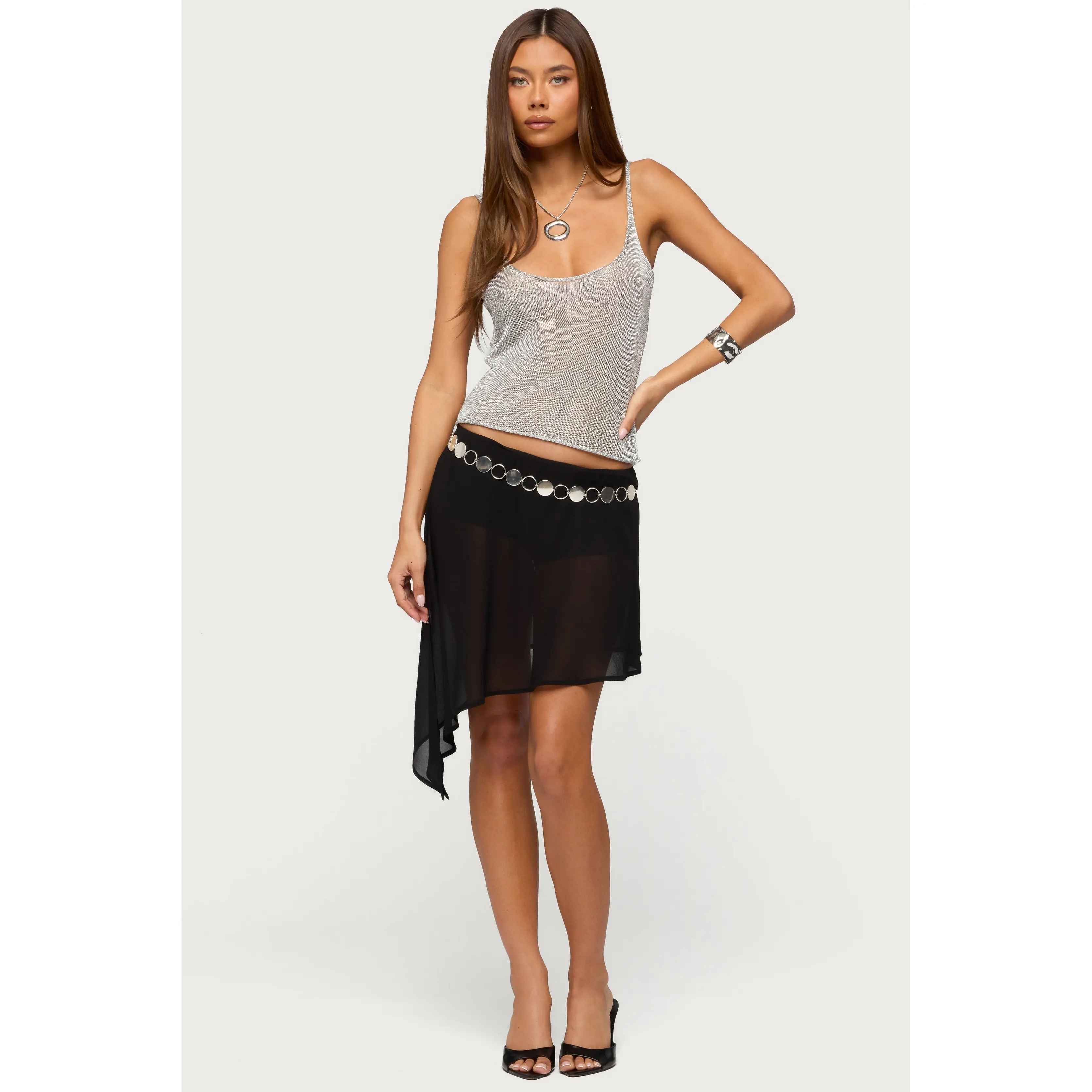 Irenah Asymmetric Sheer Chiffon Midi Skirt