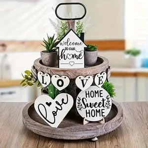 Wooden Home Sweet Home Letter & Heart Shaped Decoration, 9 Counts/set Tiered Tray Decor, Home Decor for Living Room Office, without Tray, Ornaments