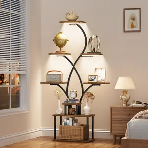 Tall Bookshelf Ladder Bookcasewith Lights, 8 Tier Flower Spike-Shaped Home Office Storage Book Collectibles Shelves, 62" Modern Corner Display Shelf for Bedroom Living Room Balcony, Rustic Brown