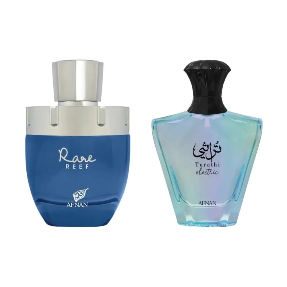 Afnan Rare Reef & Turathi Electric Perfume Bundle | Unisex Extrait & Eau De Parfum Set | 3.4 oz + 3.0 oz | Fresh Aromatic Fruity Fragrance for Men & Women