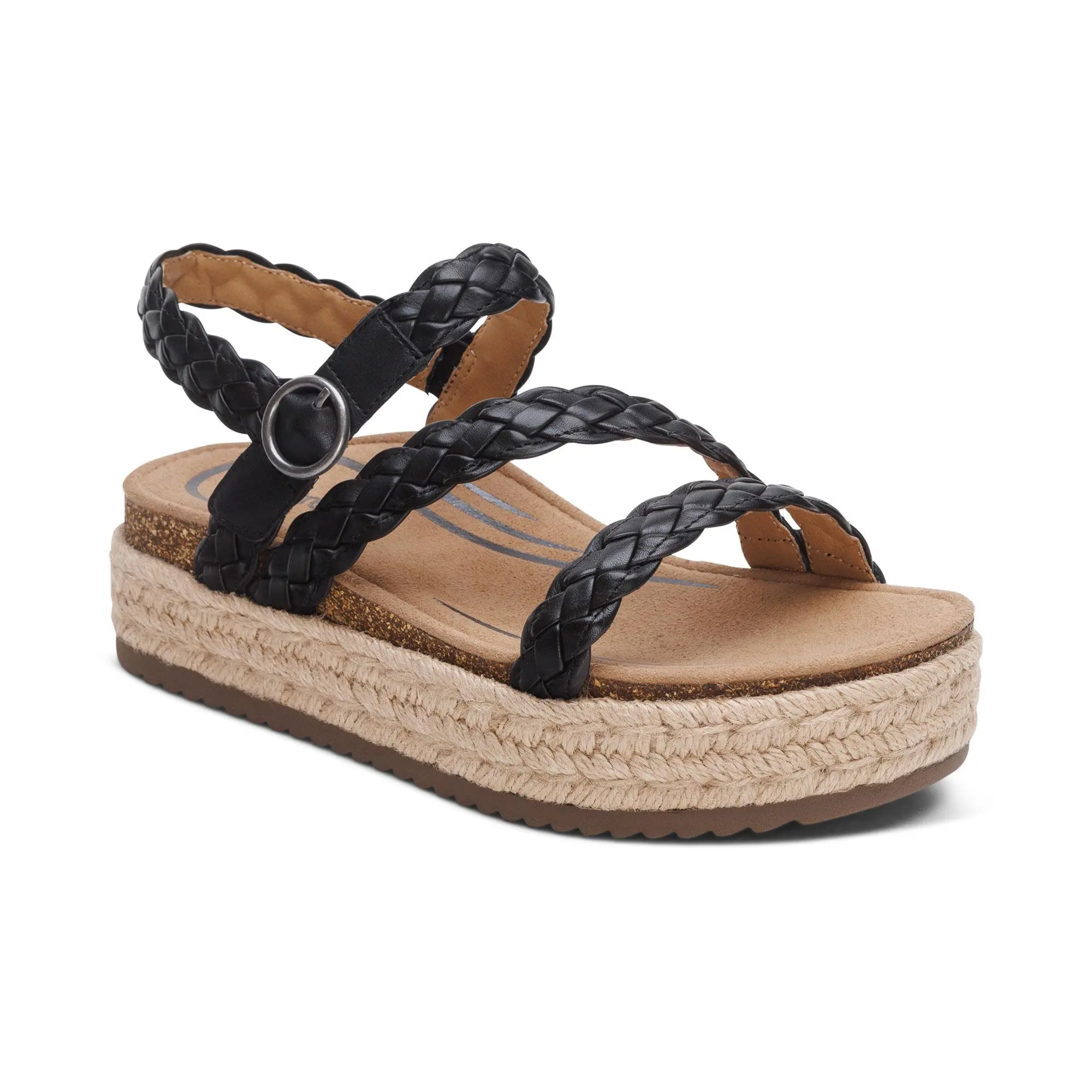 Aetrex Julia Arch Support Platform Sandal - Black | Women's Orthotic Wedge Sandals with Arch Support & Comfort, Leather, Footwear