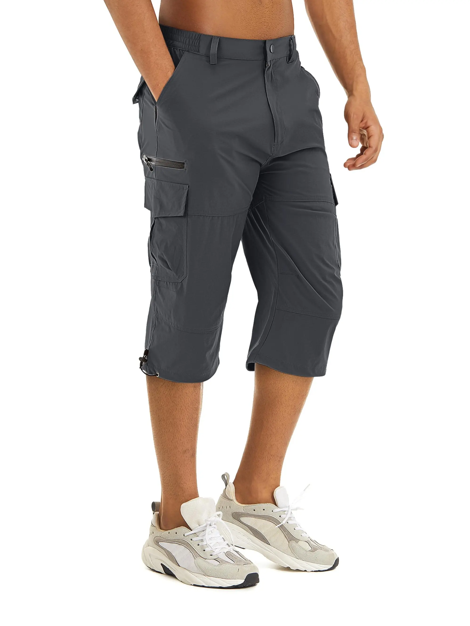 MAGCOMSEN Men's Quick Dry Water Resistant Cargo Capris, Lightweight Nylon Blend Hiking Pants with Zipper Pocket, Adjustable Drawcord, Fitted Cut, 2 Cargo Pockets, 10% Spandex, 2 Slanted Pockets