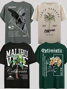 Unisex's Letter & Angel & Palm Tree & Coconut & Floral Print Round Neck Knit Tee, Regular Fit Casual Short Sleeve T-shirt for Summer, Daily Wear Top for Men Women