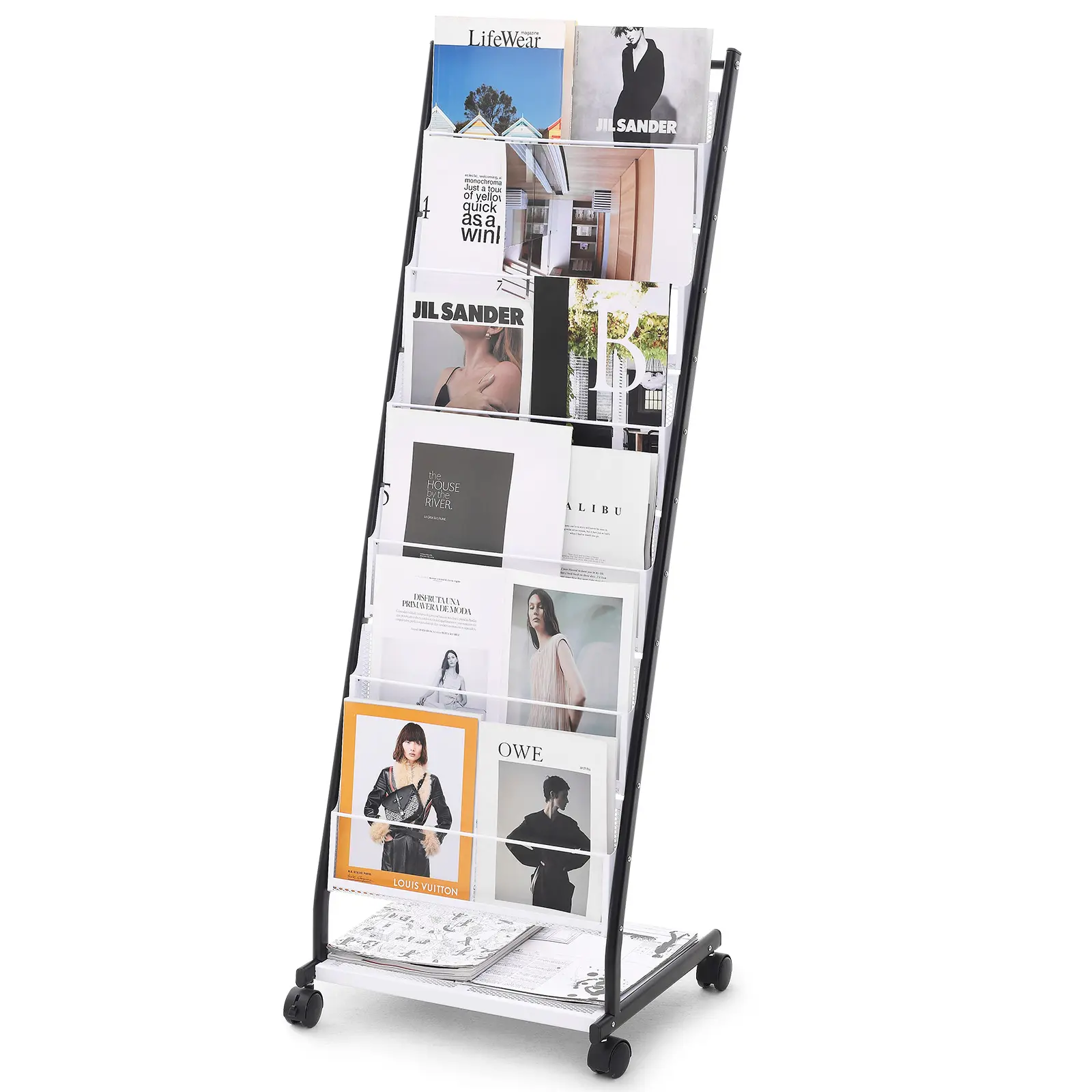 VEVOR Durable 6-Tier Floor Standing Mobile Rack Organiser - 6-Pocket, Shelf, Paint Finish, 4 Lockable Movable Wheels, Easy to Assemble for Office Organization, A4 Magazine & Baking Supplies Storage