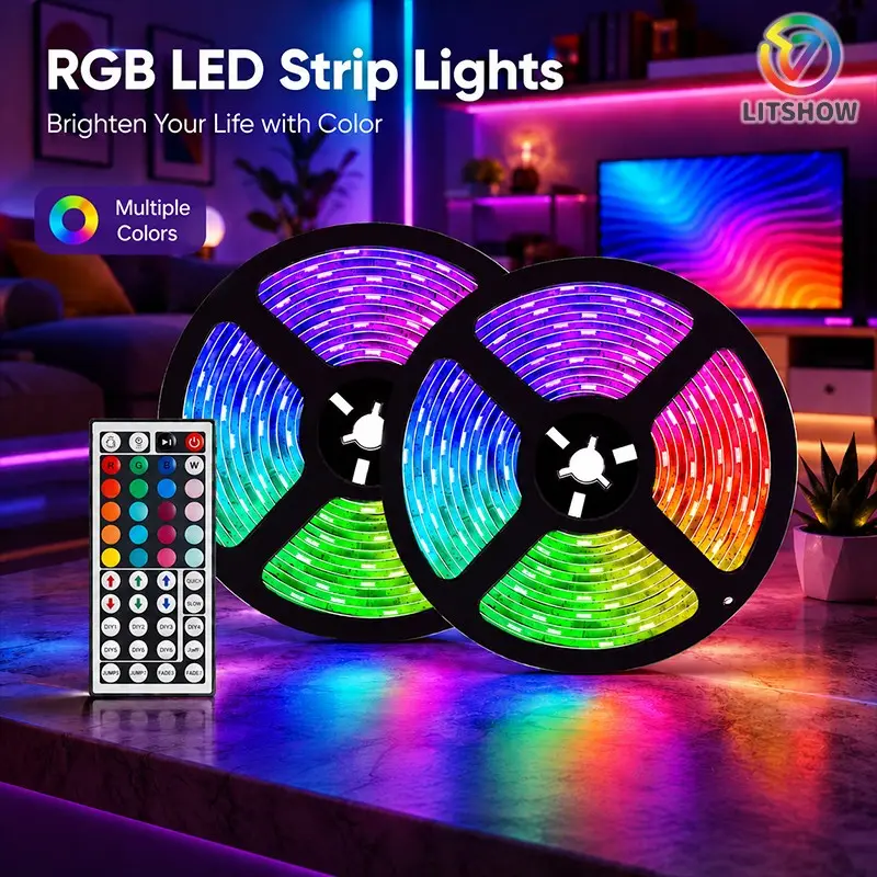 RGB LED Strip Light 5050, 44 Key Remote & Music Sync, Dimmable Color Tape, Under-Cabinet Lights, Bedroom, TV Backlight, Party Decor, Modern Led, Dimmable Led Lighting