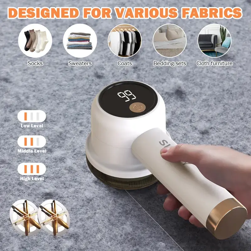 Rechargeable Fabric Shaver with 2 Replaceable Stainless Steel 6-Leaf Blades(1 Free Extra Included) | Lint Remover with 3-Speed Settings &LED Display - Efficient Sweater and Lint Shaver for Clothes, Removing Fuzz, Lint Balls, Pills, and Hairballs. SpringSt