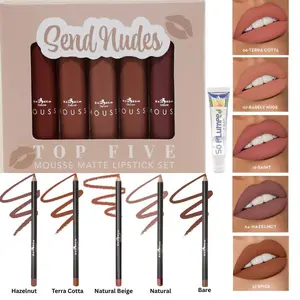 Italia Deluxe Send Nud3s Mousse Matte Top Five Lipstick, So Plump Lip Gloss & UltraFine Lip Liner Bundle