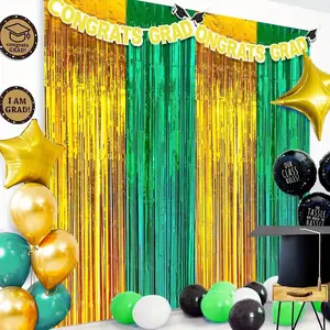 2 Pack Festive Metallic Tassel Curtains - Gold and Green Foil Sparkling Ribbon for Birthday, Wedding, Baby Shower, Graduation Party, Anniversary, Photo Booth Backdrop, Stage Decoration, Wall Door Decoration, Indoor and Outdoor Celebration Event Decoration