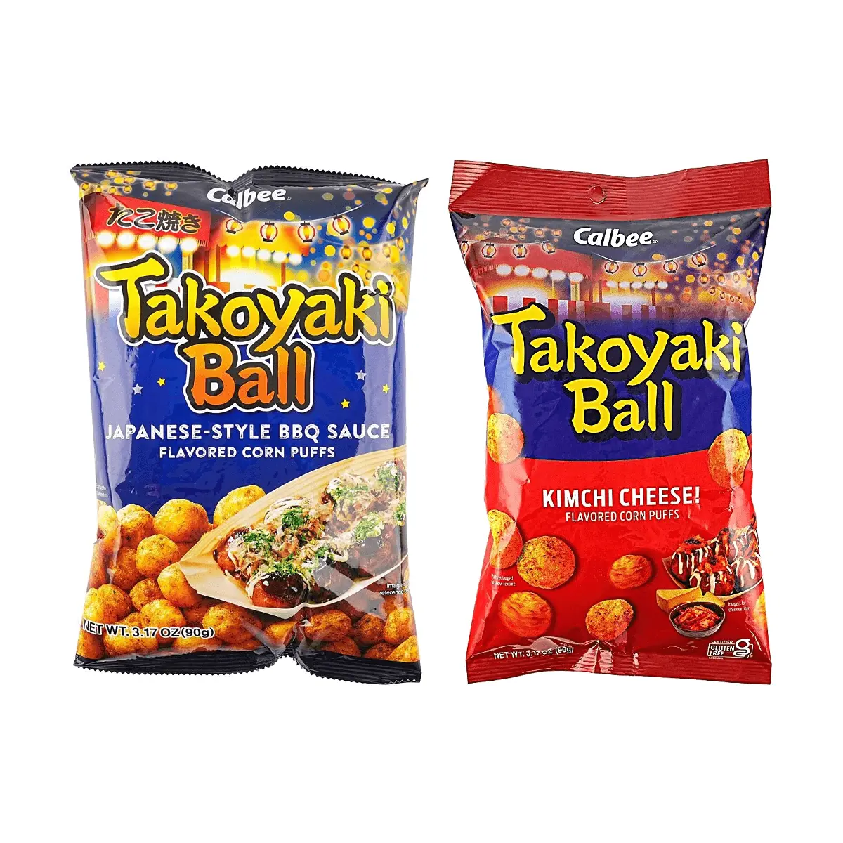 Calbee Takoyaki Corn Puffs - Original & Kimchi Cheese Flavors (2x90g Bags) - Japanese Savory Snack, Crispy & Crunchy