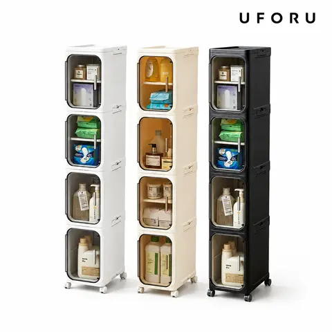 UFORU 1-4 Tier (4-layer) Cornerfit Slim Plastic Storage Cabinet - House Organizers with Doors, Adjustable Shelves, Transport Wheels, Stackable & Collapsible, Fits 8.3" Width, Furniture for Small Spaces Cupboard,home decor
