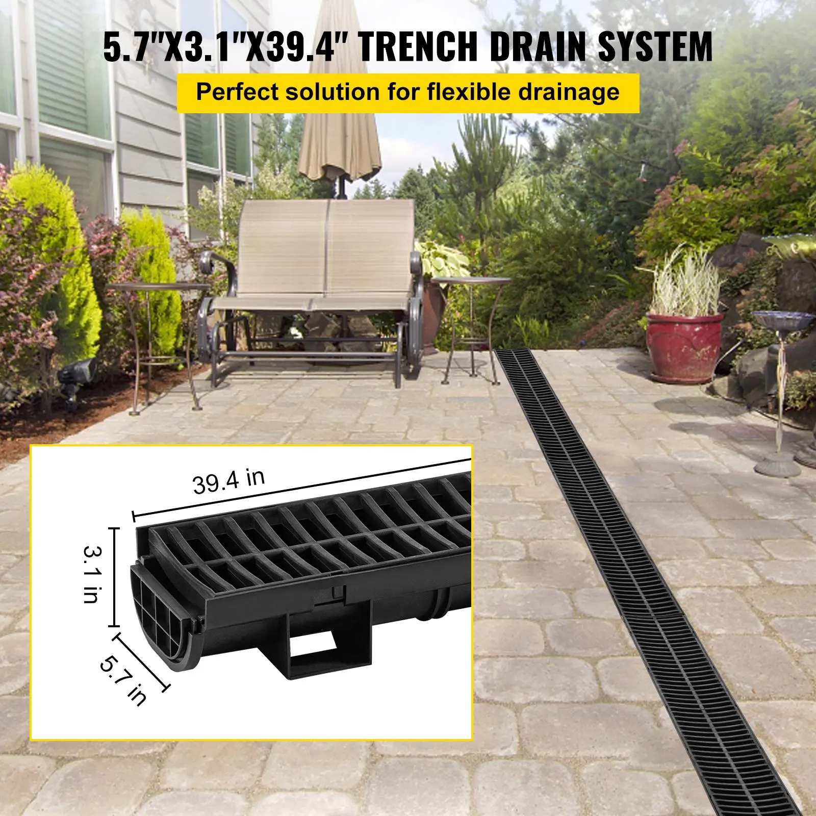 【Backtoschool】VEVOR Trench Drain System, Channel Drain with Plastic Grate, 5.7x3.1-Inch HDPE Drainage Trench, Black Plastic Garage Floor Drain, 5x39 Trench Drain Grate, with 5 End Caps, for Garden, Driveway-5 Pack