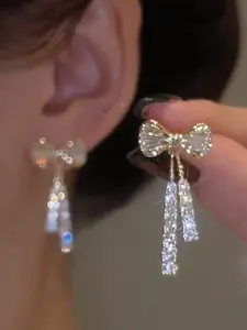 Elegant Bow Pendant Earrings, Dangle Earrings, High Quality Earrings, Bow Shape, Sparkling Synthetic Zirconia, Event Ready, Perfect for Parties and Celebrations, Ideal Gift