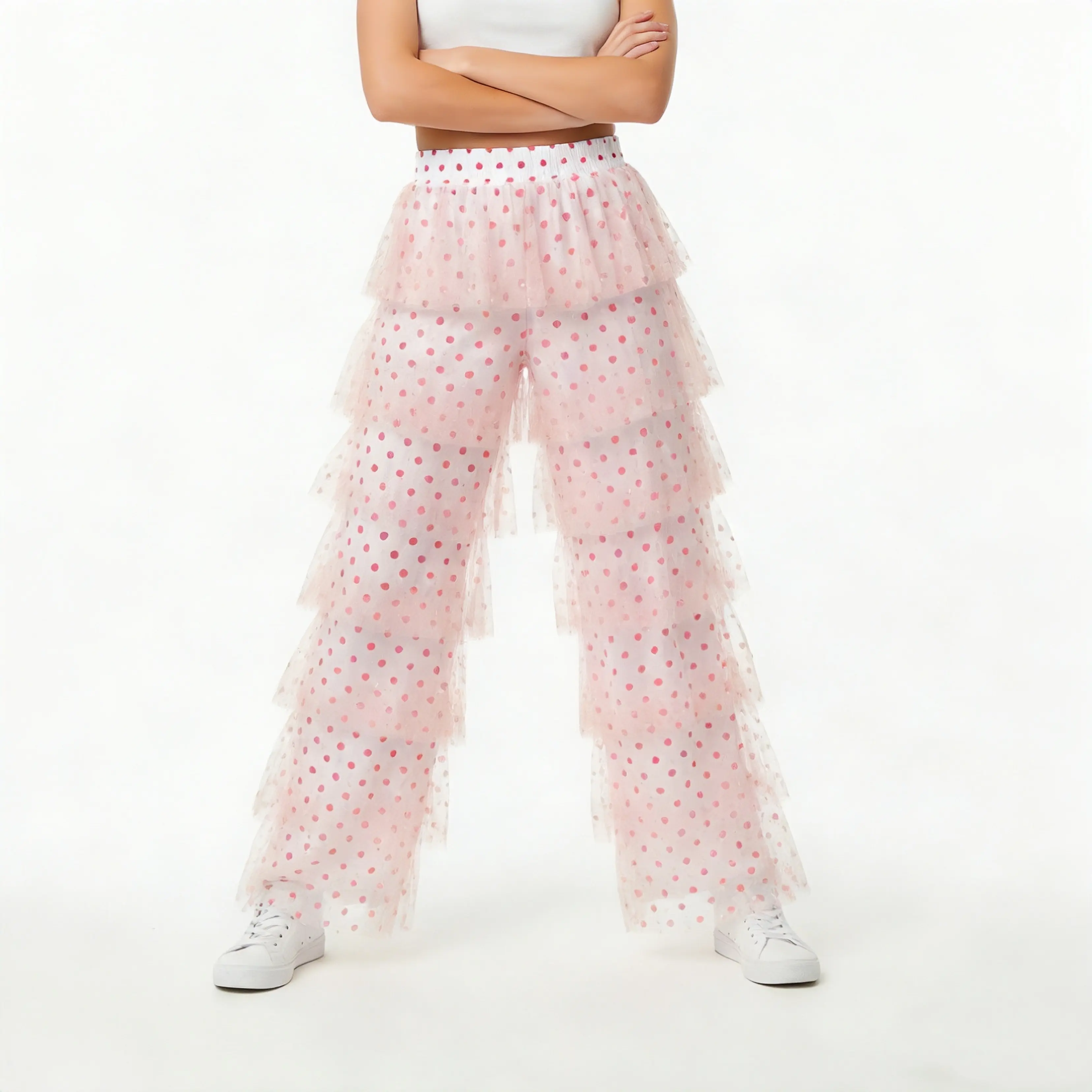 Women's Tiered Pants in Polka Dot Tulle, Casual High-Waist Wide-Leg Style with Elastic Waistband, Elastic Waist, Cute, Sequin, Bottom