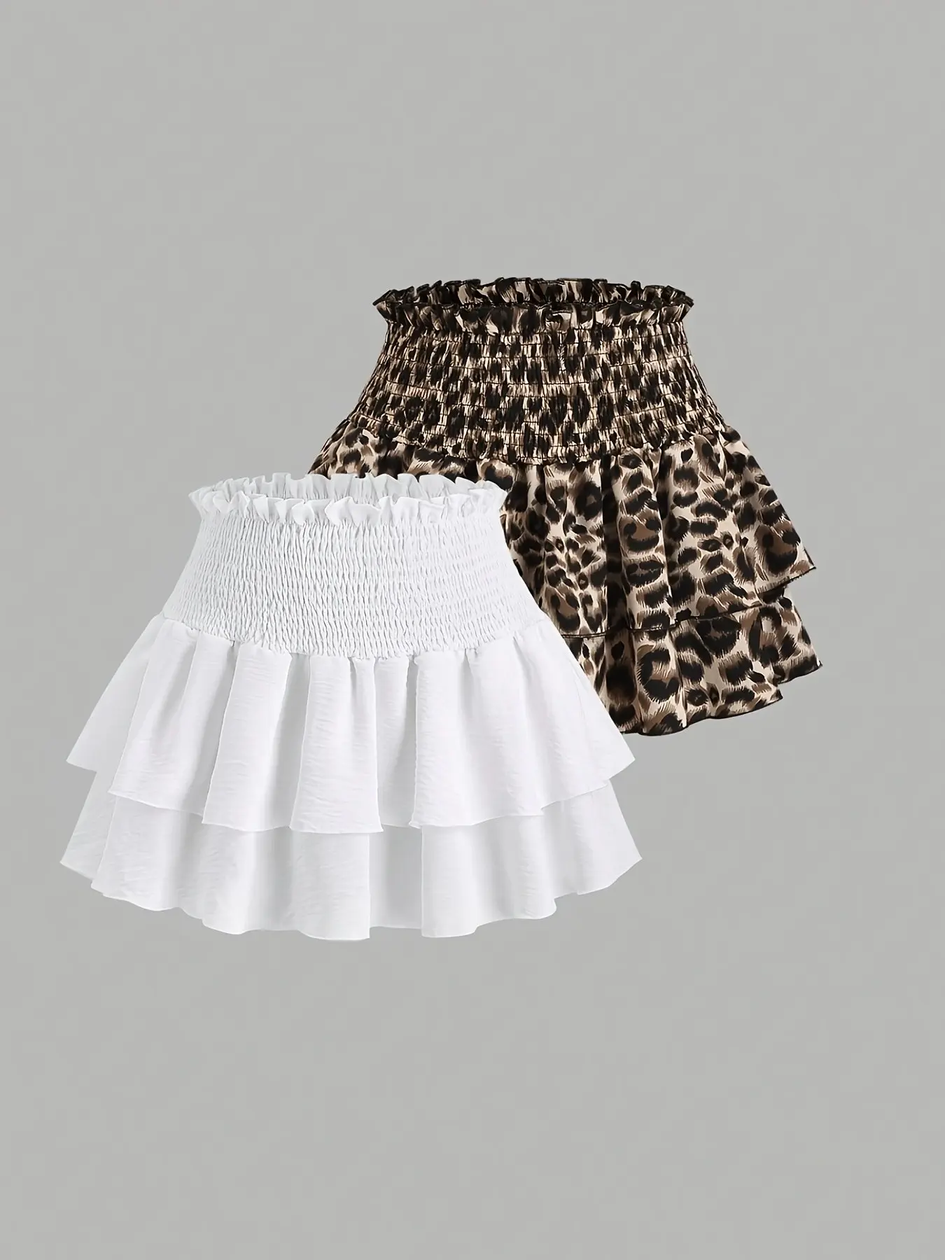 2-Piece Set & Leopard Print Layered Ruffle High-Waisted Skirt, Summer Fashion, Elegant Design, Perfect for Casual Wear