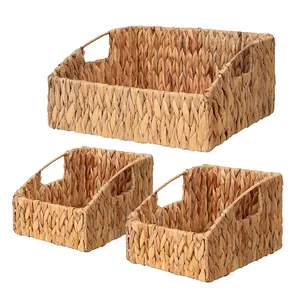 Rattan Storage Baskets, Handwoven Wicker Storage Bins with Built-in Handles, Storage Container Baskets for Shelves, Bedroom, Bathroom, Laundry Room or Kitchen(Natural)