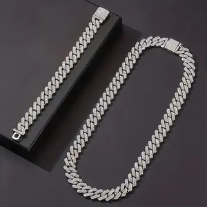 Men's 13MM Cuban Link Chain Necklace & Bracelet Set Silver Miami Hip Hop Jewelry Bling Diamond Choker for Men And Women Jewelry