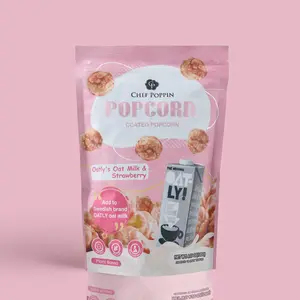 Chef Poppin Oatly's Oatmilk & Strawberry Popcorn - oat milk is paired with aromatic oats and tangy-sweet strawberries, creating a delightful blend that is perfect for those who want to enjoy a guilt-free crunchy crispy snack