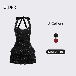 Cider Women's Black Polka Dot Ruched Layered Mini Dress - Sleeveless Cute Summer Fashion