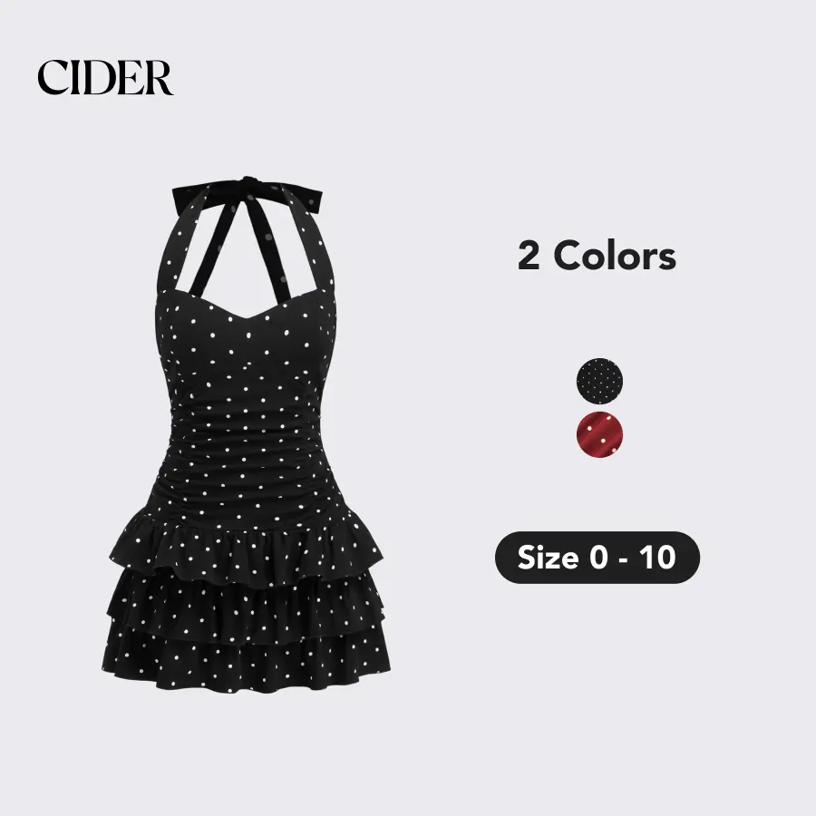 Cider Women's Black Polka Dot Sleeveless Ruched Fit Knit Cotton High Stretch Above-the-Knee A-Line Tiered Casual Summer Dress