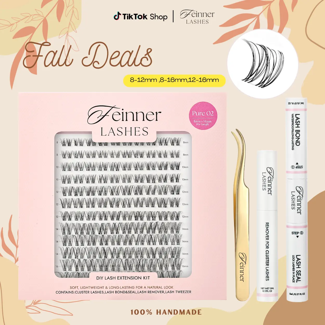 Feinner DIY Eyelash Extensions Cluster Lashes  Pure Collection 0.03 mm Fluffy False Lashes, Invisible Soft Band, Long-Lasting Waterproof Adhesive, Seal Remover, Nature-Inspired D Curl, Salon-Quality At-Home Use, Eyelash Enhancing & Accessories Bundle Set