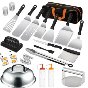 33PCS grill accessory kit, professional Hibachi flat top outdoor/courtyard barbecue tools, barbecue tools, outdoor barbecue teppanyaki burger press, suitable gifts for Father's Day for dad/barbecue accessory gift set