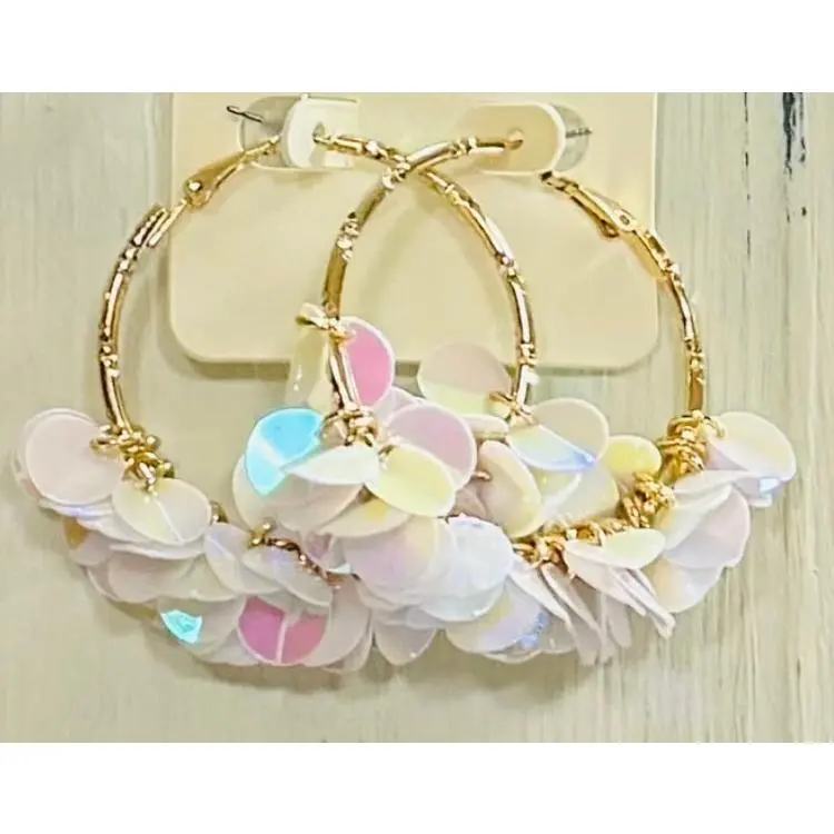 Sequin Confetti Round Hoop Earrings - White Iridescent