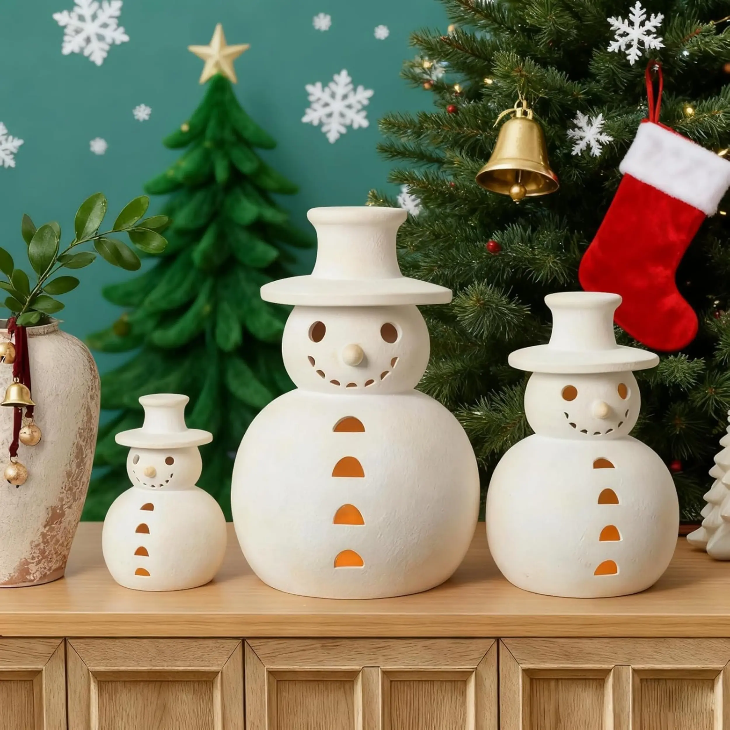 Large Handmade Terracotta Snowman Figurine, Rustic White Clay Winter Statue, Unique Farmhouse Christmas Holiday Ornament, Table Mantel Entryway Indoor Home Winter Decor
