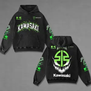 Retro Kawasaki x Monter Energy Racing Washed Hoodie Vintage Motorcycle, GP of The Americas Sportbike Graphic Merch, Acid Washed Streetwear Clothing, Unisex Dirt Bike Racing Hoodie, Vintage Motorsport Hoodie, Speed Culture Men's Wear for Biker