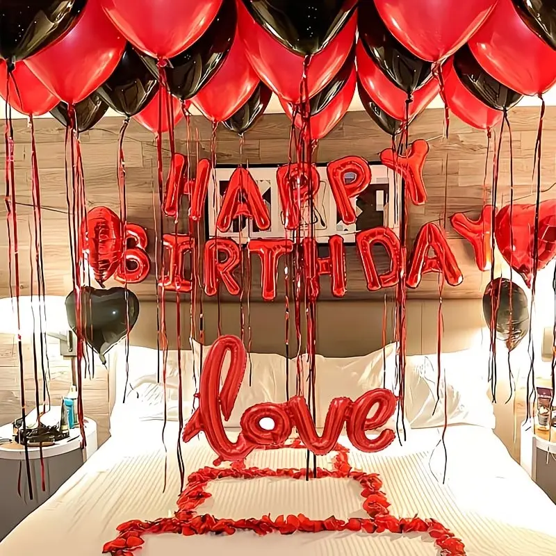 Red Birthday Letter Balloons, Party Balloons Decorations, Including Red And Black Latex Balloons, 18-Inch Black And Red Heart-Shaped Happy Birthday Foil Balloons, Suitable for Romantic Parties, Birthday Celebrations, Valentine'S Day Decorations