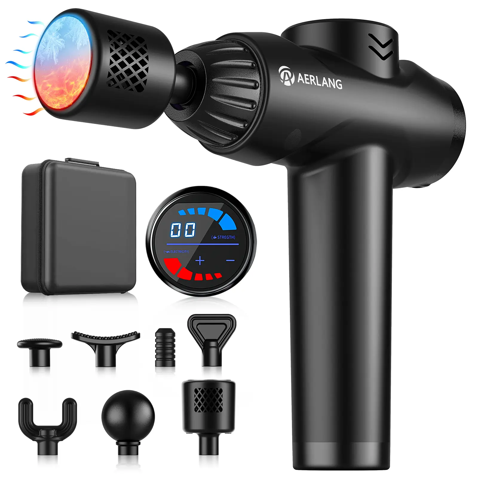 AERLANG Heat & Cold Deep Tissue Percussion Massage Gun - Therapy Device for Shoulder, Neck, Low Back Pain Relief, 7 Interchangeable Heads, LCD Display, Adjustable, Travel-Friendly Personal Care Gift, Shoulder Pain Relief, Neck Pain Relief