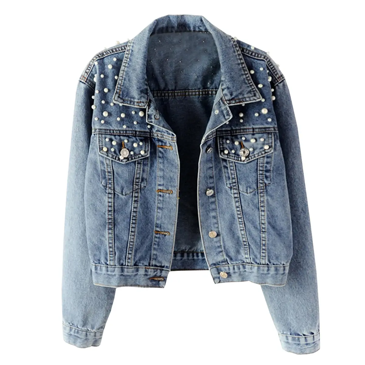 Songling Women's Loose Cropped Denim Jacket - Embroidered, Pearl-Beaded, Button-Front Cotton Outerwear, Long Sleeve Casual Tops for Women