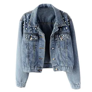 Songling Women Loose Embroidered Pearls Beading Cropped Denim Jacket Jean Coat Button Outerwear Fabric Womenswear  Cotton