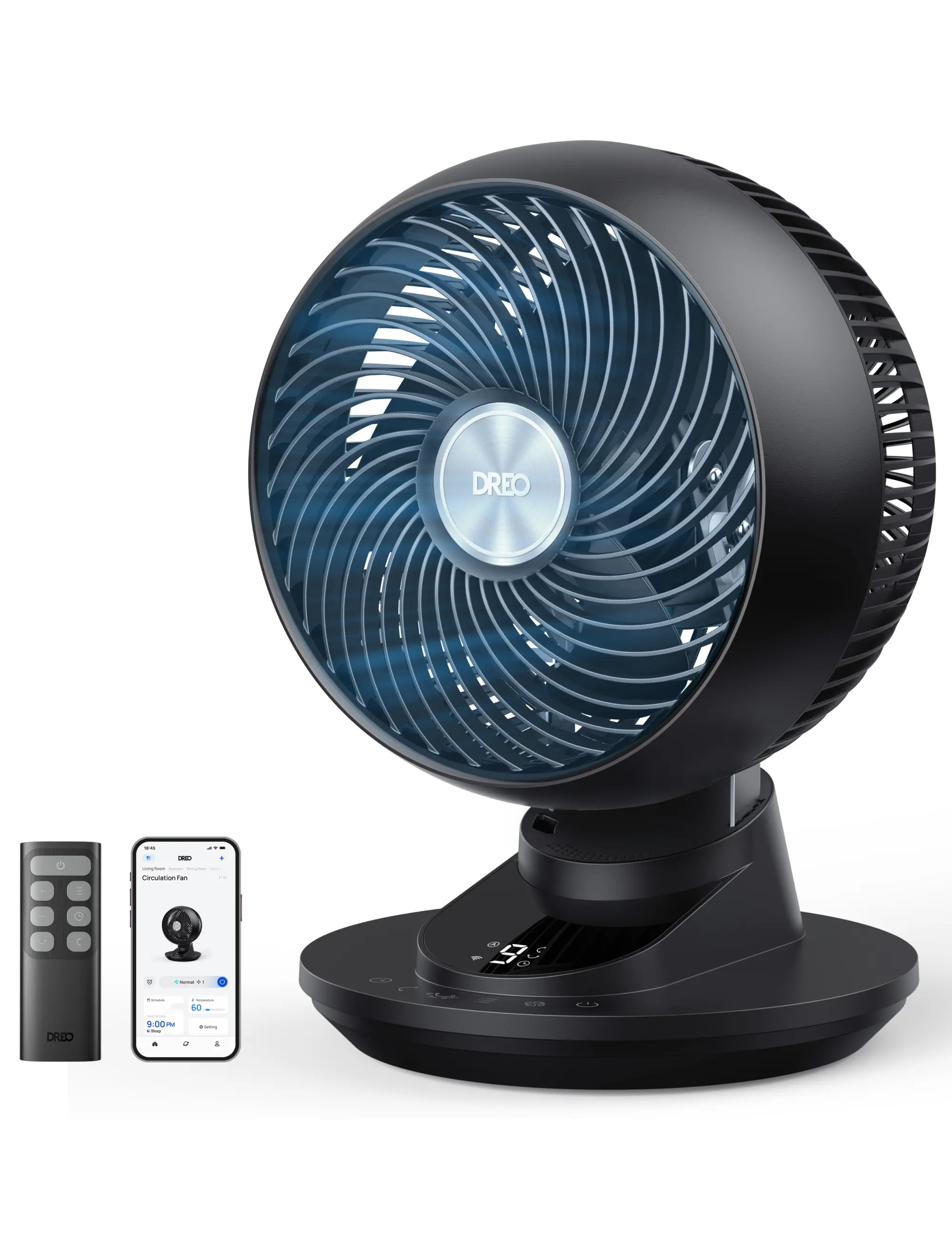 DREO Smart Bedroom Fan, Powerful 85ft Airflow, 12-Inch Desk Fan, 20dB Ultra Quiet, 90°+90° Oscillating, App & Voice Control, 9 Speeds & 8/12H Timer for Home, Office & Dorm