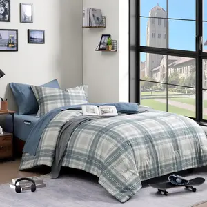 Twin XL Comforter Set, Blue Grey Plaid Bedding Set 5 Piece for Boys Girls Teen, Classic Homestead-Style Kids Comforter Set Bed in A Bag with Sheets, Pillowcase & Sham