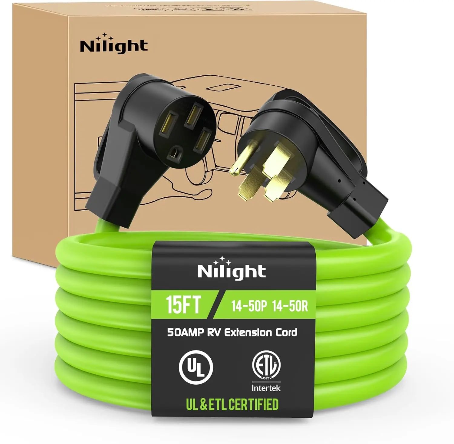Nilight Heavy-Duty Outdoor Fluorescent RV Extension Cord, 1x15FT 50A 250V 12500W, 6/3+8/1 Gauge Pure Copper Wires, STW UL ETL Listed, 4-Prong 14-50P 14-50R Weatherproof, Compatible with Generators, RV Campers, Trailers & Cable-Wired Cord Reels, 1 X Cord O