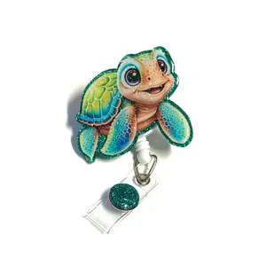 Baby Turtle Badge Reel Retractable Swivel Alligator Clip 2 Inch Cute Design with Glitter Accent, Nurse, Pediatrics, Office, Teacher