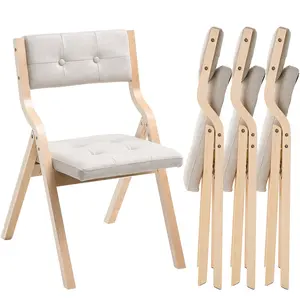 【fathersdaygift】VEVOR Wooden Folding Chairs with Cushion, Set of 4, Portable Foldable Cushion Chair with Wooden Frame, Modern Padded Dining Chair for Kitchen, Office, Wedding, Party, Dining Room, Easy Assembly, Beige