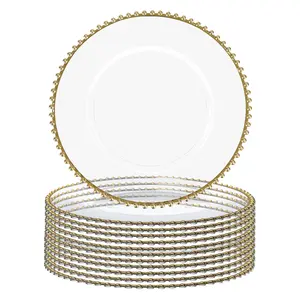 13" Clear Charger Plates Set of 6, Round Plate Chargers with Gold Beaded Rim, Table Chargers for Dinner Plates, Plastic Chargers for Table Setting, Wedding Decor