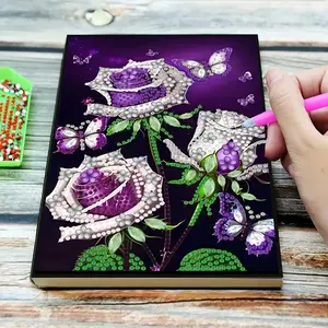 DIY Rhinestone Art Butterfly Flower Rose Pattern Notebook, Creative Office Notepad, Faux Leather Craft for Writing Drawing Notes, Perfect as Holiday Gift