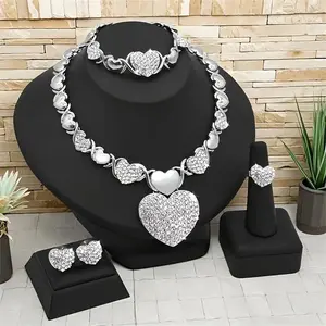 4 Piece Set Women's Luxury Elegant XO Design Heart Shape Pattern Jewelry Set, Sparkling Synthetic Cubic Zirconia Inlaid Accents, Necklace + Bracelet + Earrings + Ring Ideal Mother's Day Gift, Wedding Party Jewelry, Formal Occasion Jewelry, Fashionable Jew