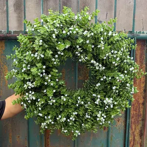 26 Inch Artificial Eucalyptus Wreath with Baby's Breath for Front Door - Faux Eucalyptus Leaves, Fake Spring/Summer Greenery Flowers Wreath for Porch, Farmhouse, Wall, Window Outdoor Decor, Faux Flower Decoration, Outdoor Fake Plants