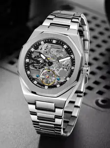 Men's Business Fashion Hollow Out Design Automatic Mechanical Watch, Fashion Watch for Party, Daily Clothing Decor, Trendy All-match & Exquisite Watch for Gift, High End Watch, Stylish Watch, Skeleton Watches, Stainless Steel Watches