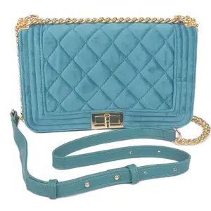 Quilted Velvet Flap Shoulder Bag Teal with Gold Accents & Adjustable Strap Fashion Accessory